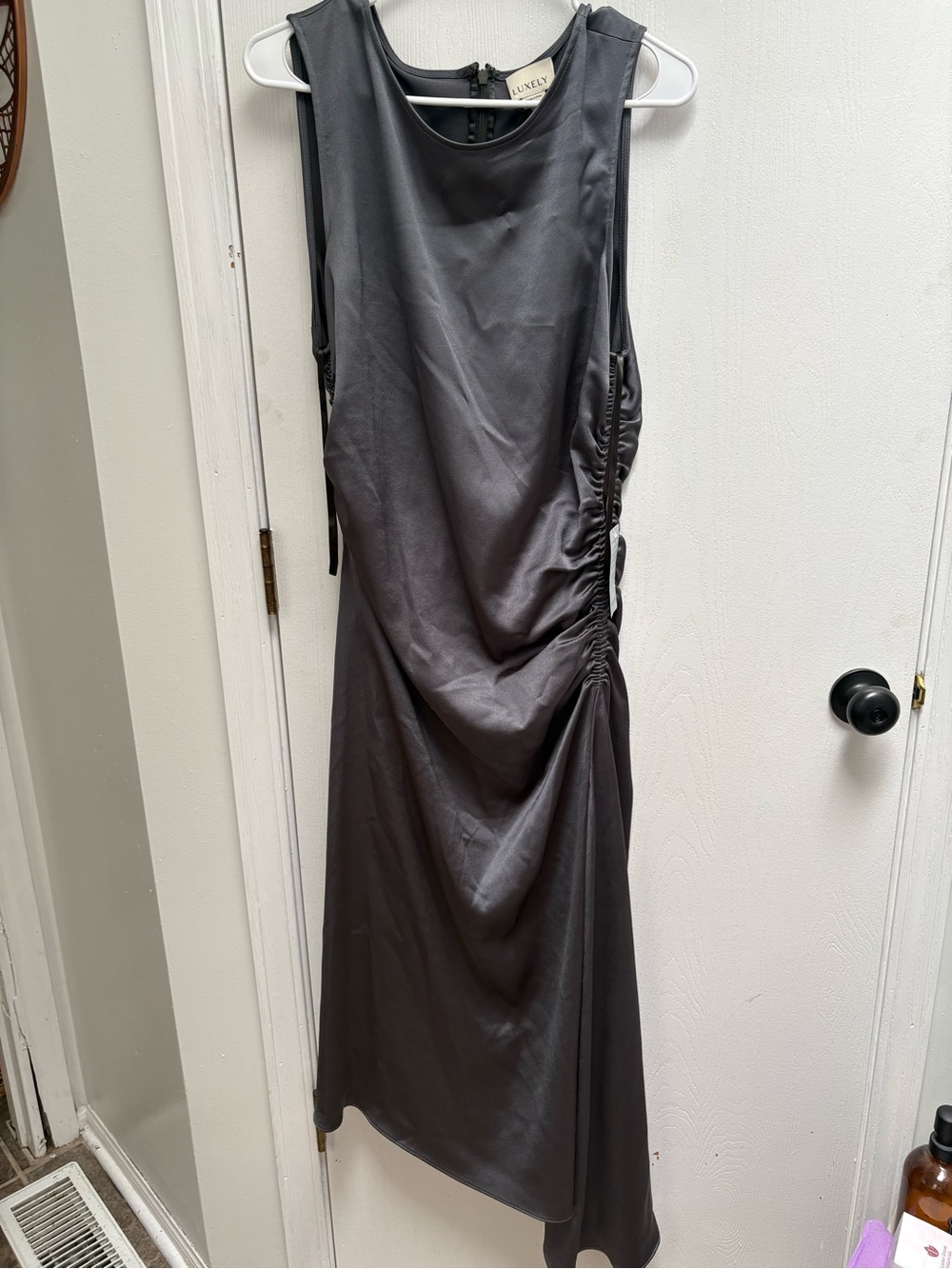 Sleeveless Ruched Side Midi Dress - Charcoal Gray